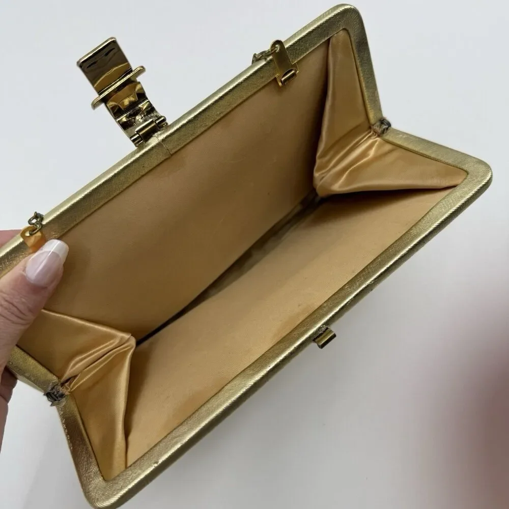 Vintage Unbranded Gold Metallic Shiny Clutch Bag Evening Formal Buckle Satin